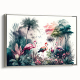 Framed canvas wall art showcasing a vibrant rainforest design with lush greenery and colorful wildlife, elegantly displayed with a silver frame, perfect for home decor.