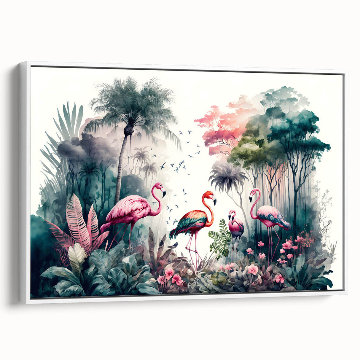 Framed canvas wall art showcasing a vibrant rainforest design with lush greenery and tropical flora, presented from a side view against a white backdrop.