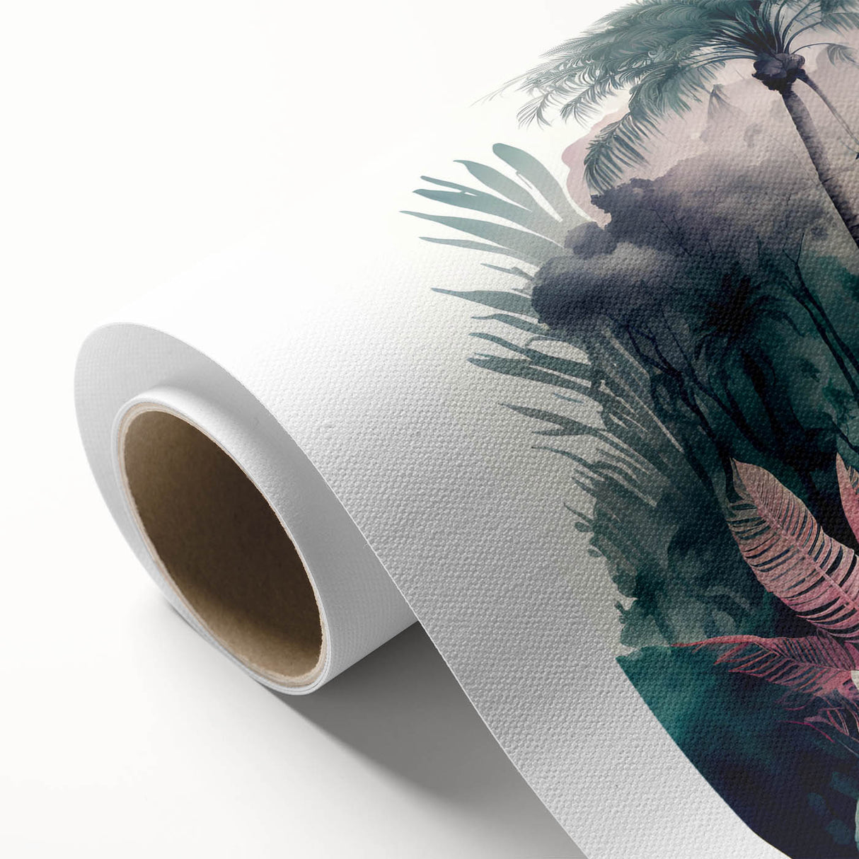 Vibrant rainforest landscape wall art design on rolled canvas, showcasing lush greenery and tropical colors, ideal for home decor and eco-inspired interiors.