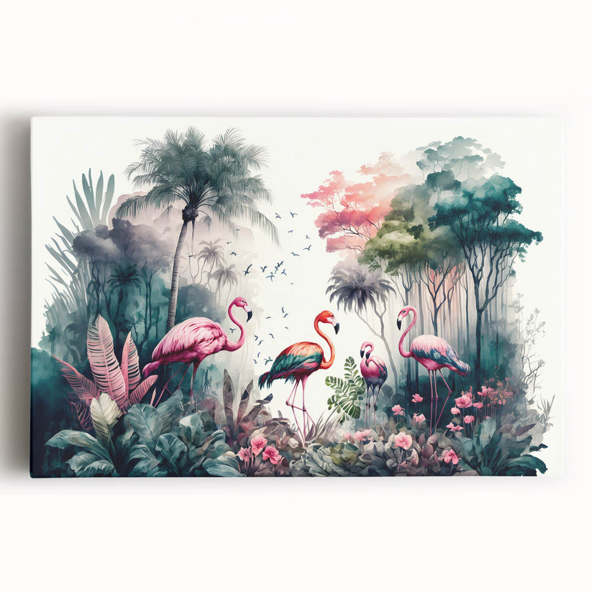 Vibrant stretched canvas wall art showcasing a lush rainforest scene, featuring rich greens and detailed foliage, perfect for nature enthusiasts’ decor.