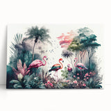 Vibrant rainforest landscape wall art on stretched canvas, showcasing lush greenery and vivid colors, perfect for adding a nature-inspired touch to any room.