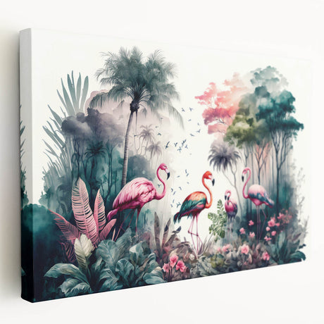 Stretched canvas wall art showcasing a vibrant rainforest landscape design, featuring lush greenery and rich colors, ideal for nature-inspired home decor.