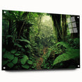 Acrylic wall art collection showcasing a vibrant rainforest landscape design, mounted with pins for easy display, emphasizing rich green hues and natural textures.