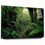 Acrylic wall art collection showcasing a vibrant rainforest landscape design, mounted with pins for easy display, emphasizing rich green hues and natural textures.