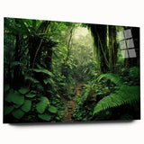 Vibrant rainforest-themed wall art collection displayed in an acrylic glass frame, showcasing lush greenery and intricate details, perfect for nature enthusiasts.
