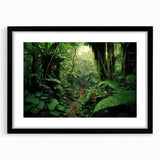 Framed rainforest landscape wall art with a black mat, showcasing vibrant green foliage and serene tropical scenery, perfect for home decor.