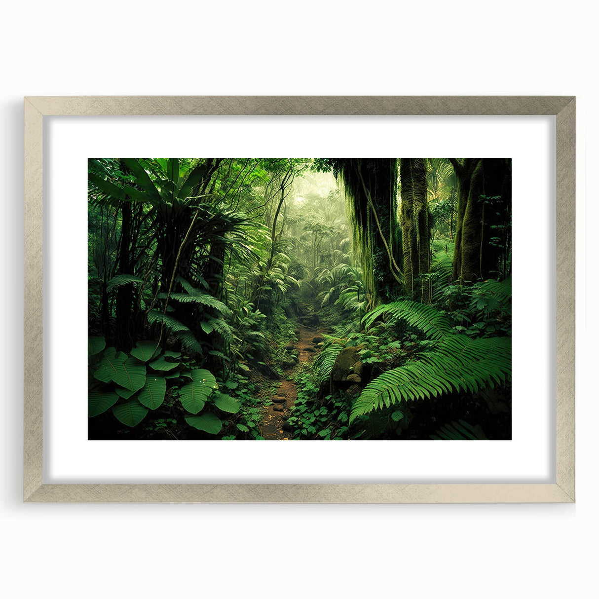 Framed rainforest landscape wall art collection with a silver mat, showcasing vibrant greens and earthy tones, perfect for enhancing home decor.
