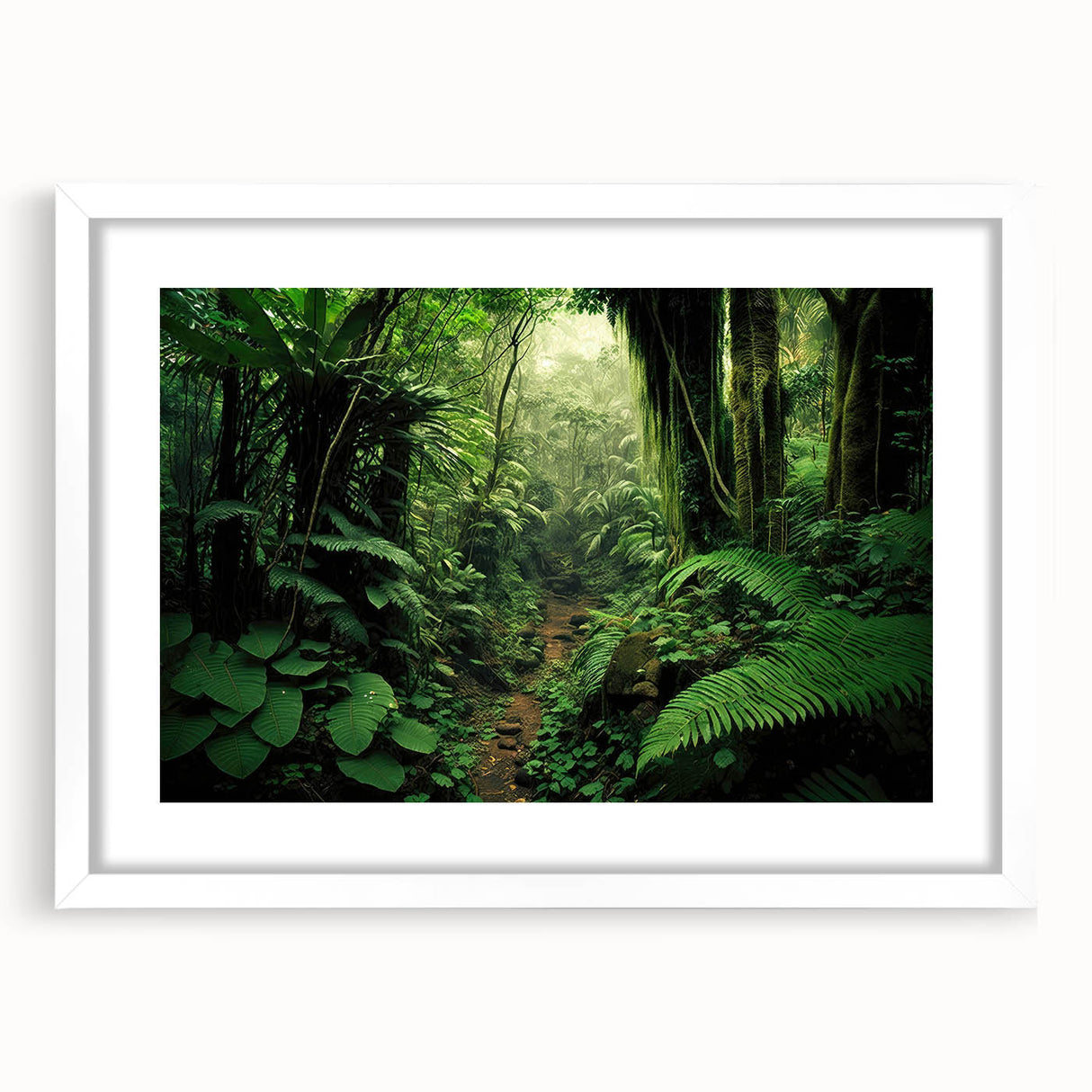 Framed wall art featuring a vibrant rainforest landscape design in a white mat, showcasing lush greenery and vivid colors, perfect for home decor and nature enthusiasts.