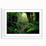 Framed wall art featuring a vibrant rainforest landscape design in a white mat, showcasing lush greenery and vivid colors, perfect for home decor and nature enthusiasts.