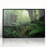 Framed acrylic wall art featuring a vibrant rainforest landscape design with lush greenery and colorful flora, presented in a sleek black frame for modern decor.