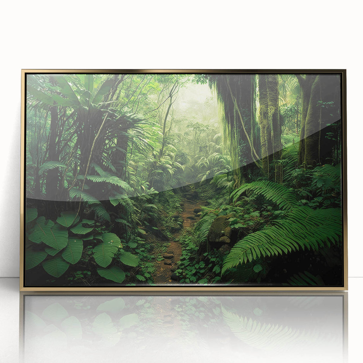 Framed acrylic wall art showcasing a vibrant rainforest landscape design with gold accents, ideal for enhancing modern home decor. Perfect for nature lovers.
