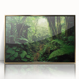 Framed acrylic wall art showcasing a vibrant rainforest landscape design with gold accents, ideal for enhancing modern home decor. Perfect for nature lovers.