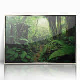 Framed acrylic wall art showcasing a vibrant rainforest landscape design, featuring lush greens and intricate details, ideal for home decor enhancement.