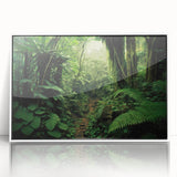 Framed acrylic wall art showcasing a vibrant rainforest landscape design, featuring lush green foliage and vivid colors, ideal for home decor accentuation.