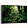 Framed canvas wall art showcasing a vibrant rainforest landscape design, featuring lush green foliage and colorful wildlife, set against a sleek black frame. Perfect for adding a touch of nature to modern decor.