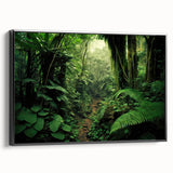 Framed canvas wall art showcasing a vibrant rainforest landscape design, featuring lush green foliage and colorful wildlife, set against a sleek black frame. Perfect for adding a touch of nature to modern decor.