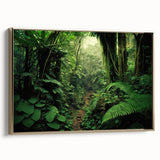 Framed canvas wall art showcasing a vibrant rainforest landscape with lush green foliage, accented by gold trim, ideal for home decor and nature enthusiasts.