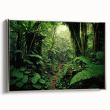 Framed canvas wall art showcasing a vibrant rainforest landscape design, featuring rich greens and intricate details, displayed with a sleek silver frame, enhancing any room's decor.