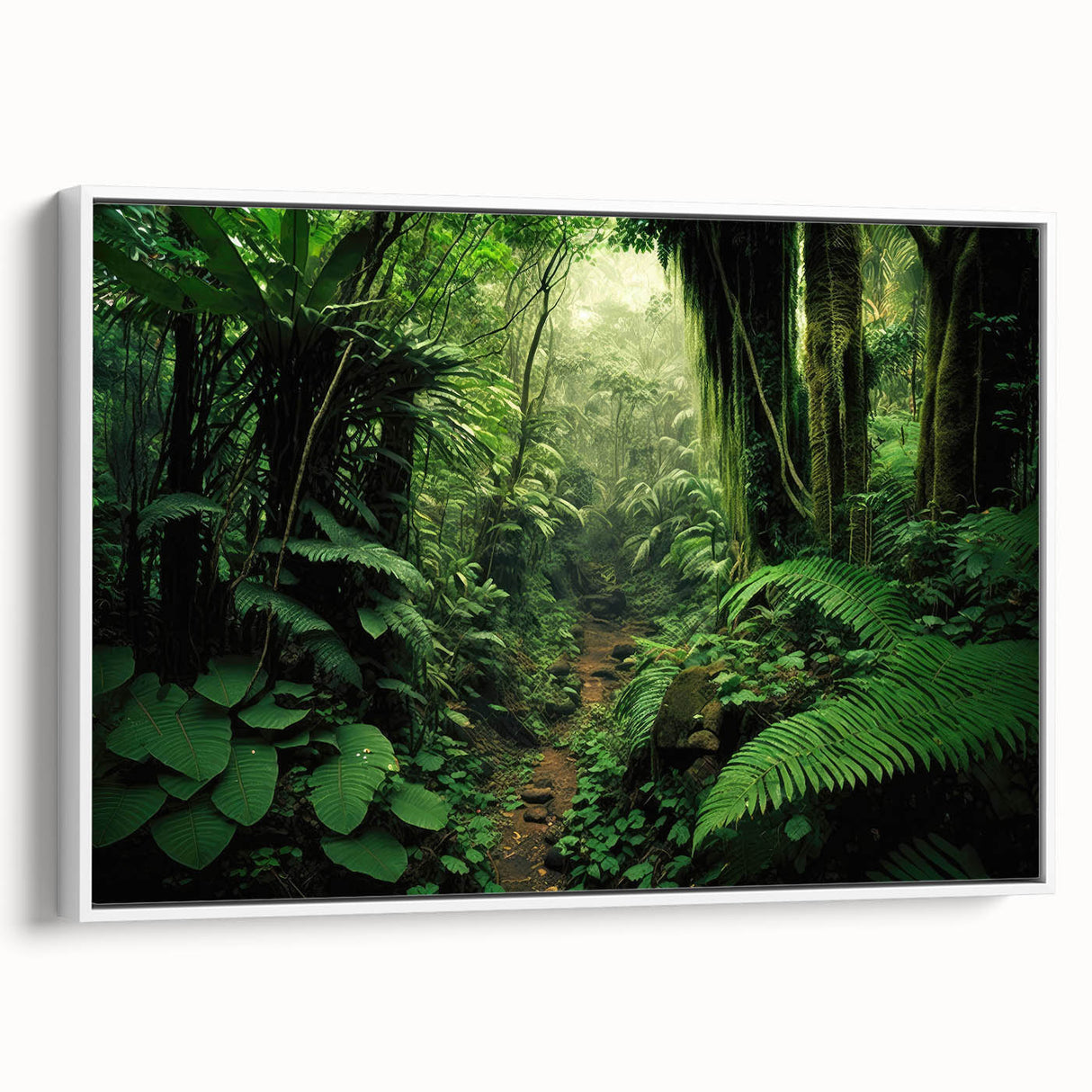 Framed canvas wall art showcasing a vibrant rainforest landscape design, featuring lush green foliage and intricate details, set against a white background.