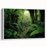 Framed canvas wall art showcasing a vibrant rainforest landscape design, featuring lush green foliage and intricate details, set against a white background.