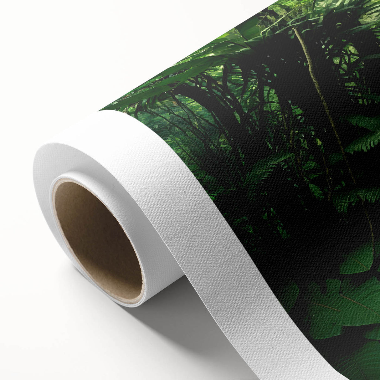 Vibrant rainforest-themed rolled canvas wall art showcasing lush greenery and tropical elements, designed to enhance interior spaces with a natural aesthetic. The artwork is packaged securely in a protective cardboard tube.