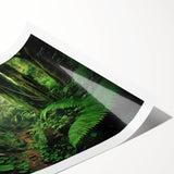 Vibrant rainforest landscape wall art print showcasing lush greenery and tropical foliage, rolled for easy shipping, perfect for home decor.