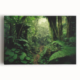 Stretched canvas wall art showcasing a vibrant rainforest landscape with lush greenery and rich colors, ideal for nature-themed decor in any space.