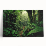 Stretched canvas artwork depicting a vibrant rainforest landscape, showcasing lush green foliage and rich colors, ideal for enhancing modern home decor.