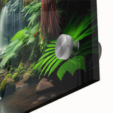 Close-up of vibrant rainforest landscape wall art design printed on acrylic glass, showcasing rich greens and intricate details, perfect for nature-inspired decor.
