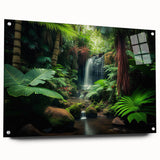 Acrylic glass wall art collection depicting vibrant rainforest landscapes, showcased from a side view with pins for easy mounting, enhancing any nature-inspired decor.