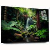 Acrylic glass wall art collection showcasing a vibrant rainforest landscape design, featuring lush green foliage and exotic colors, ideal for enhancing modern home decor.