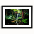 Framed rainforest landscape wall art collection featuring vibrant green foliage and serene nature scenes, presented in a sleek black frame with mat. Ideal for home decor.