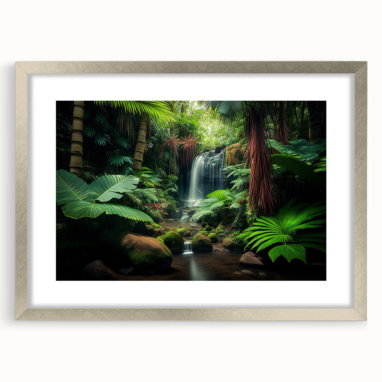Framed rainforest landscape wall art collection featuring vibrant green hues and intricate details, set in a sleek silver frame with a mat, perfect for home decor.