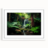 Framed rainforest landscape wall art collection with a white mat, showcasing vibrant greenery and tropical elements, perfect for home decor or office spaces.