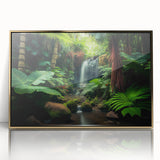 Framed acrylic wall art of a lush rainforest landscape with vibrant green foliage and golden accents, perfect for adding a touch of nature to any decor.