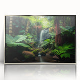 Framed acrylic wall art showcasing a vibrant rainforest landscape design with rich green hues and intricate details, ideal for home decor and nature enthusiasts.