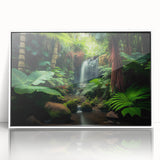 Framed acrylic wall art showcasing a vibrant rainforest landscape design, featuring lush green foliage and colorful wildlife, perfect for nature-inspired decor.