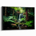 Framed canvas wall art featuring a vibrant rainforest landscape design, with rich greens and blues, displayed against a sleek black frame, ideal for nature enthusiasts.