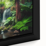 Close-up of a framed rainforest landscape wall art canvas featuring vibrant greens and blues, showcasing intricate details of tropical foliage for home decor.