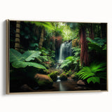 Framed canvas wall art showcasing a vibrant rainforest landscape design, featuring lush greenery and gold accents, ideal for enhancing home decor.