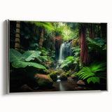 Framed canvas wall art showcasing a vibrant rainforest landscape design, featuring lush greenery and intricate details, presented in a sleek silver frame for an elegant touch.