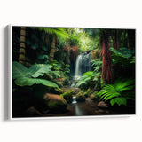 Framed canvas wall art featuring a vibrant rainforest landscape design, showcasing lush green foliage and tropical elements, displayed against a white background for a modern aesthetic.