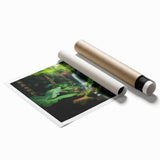 Vibrant rainforest landscape art print showcasing lush greenery and exotic flora, rolled for easy display and protection in a sturdy tube, ideal for home decor.