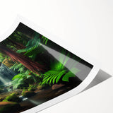 Vibrant rolled print of a lush rainforest landscape, featuring rich greens and intricate details, perfect for home decor or nature-themed art collections.