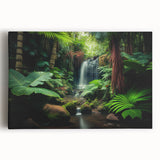 Stretched canvas wall art depicting a vibrant rainforest landscape, showcasing lush greenery and rich colors, ideal for nature-themed decor in homes or offices.
