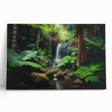 Vibrant rainforest landscape wall art on stretched canvas, showcasing lush greenery and tropical flora, ideal for home decor or nature-themed spaces.