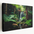 Stretched canvas wall art showcasing a vibrant rainforest landscape design with lush greenery and colorful flora, ideal for enhancing home decor.