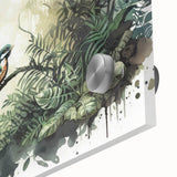 Close-up of a vibrant rainforest-themed wall art piece, featuring lush green foliage and intricate details, printed on acrylic glass for a modern aesthetic. Ideal for nature lovers seeking to enhance their home decor with tropical imagery.
