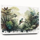 Acrylic glass wall art showcasing a vibrant rainforest landscape with lush greens and intricate details, displayed from a side view and secured with pins for stability. This modern decor piece enhances any room's ambiance with its vivid colors and nature-inspired design.