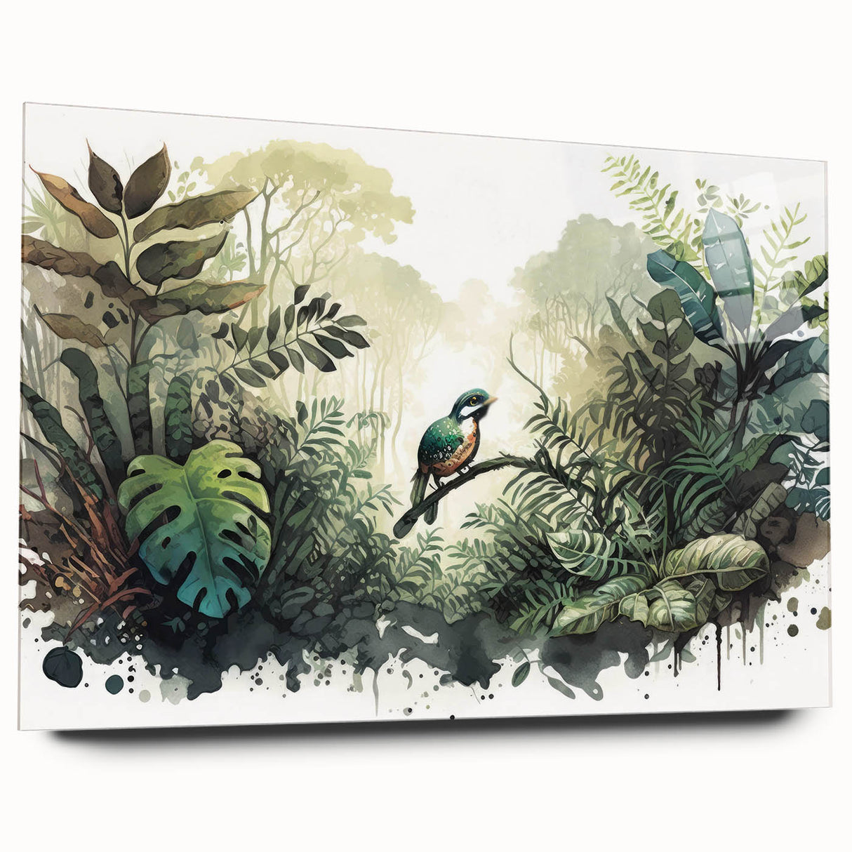 Vibrant rainforest-themed wall art design printed on acrylic glass, showcasing lush greens and intricate details, ideal for modern decor and nature enthusiasts.